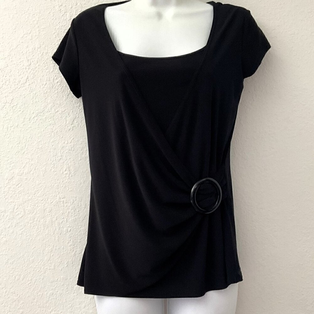 Vintage Dynamite Black Faux Wrap Top M Y2K Draped Ring Accent Cap Sleeve